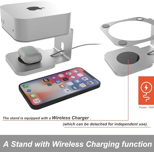 Aluminium Alloy Desk Stand with Integrated Wireless Charger for Mac Mini M4/M4 Pro – Optimized for Mobile Phones and Headphones with Enhanced Heat Dissipation and Space-Saving Design, USB-C Compatible, Customizable with Apple Mag Safe Charger, Anti-Slip Silicone Pad for Stability and Scratch Prevention