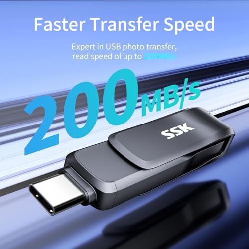 SSK 256 GB Dual USB C Flash Drive – High-Speed USB 3.2 Memory Stick with Dual USB Type-C & USB-A Ports – Sleek Black Metal Design for Effortless File Transfer Across Smartphones, Tablets, Laptops, and TVs – Unmatched Durability & Performance