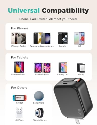 Compact Retractable 2-in-1 Wall Charger with USB-C and 27-inch Cable – 30 W Fast Charging Adapter for i Phone 16/15, i Pad, Galaxy & Pixel – Sleek Black, Perfect for Travel and Enhanced Device Compatibility