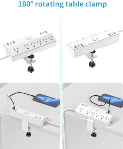Ultimate Desk Clamp Power Strip with 10 FT Extension Cord – 6 AC Outlets & Dual USB-C Fast Charging Station for Seamless Office Connectivity – Removable Surge Protector for Up to 1.8″ Tabletop – Enhance Your Workspace Efficiency and Stay Powered Up