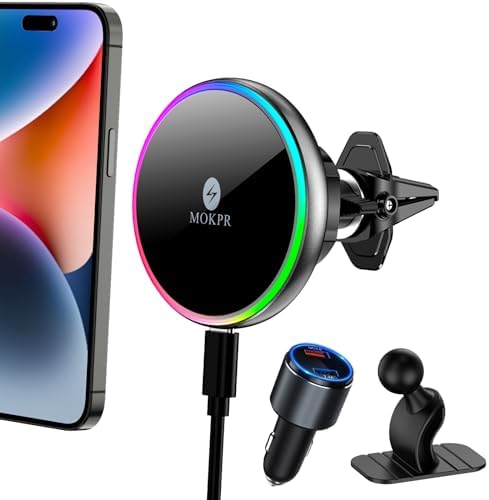 MOKPR 15 W Mag Safe Car Charger & Magnetic Phone Holder – Effortless Fast Wireless Charging with Dynamic LED RGB Lighting for i Phone 15/14/13/12 Series – Stylish Dash & Air Vent Mount for Enhanced Driving Experience and Convenient Accessibility