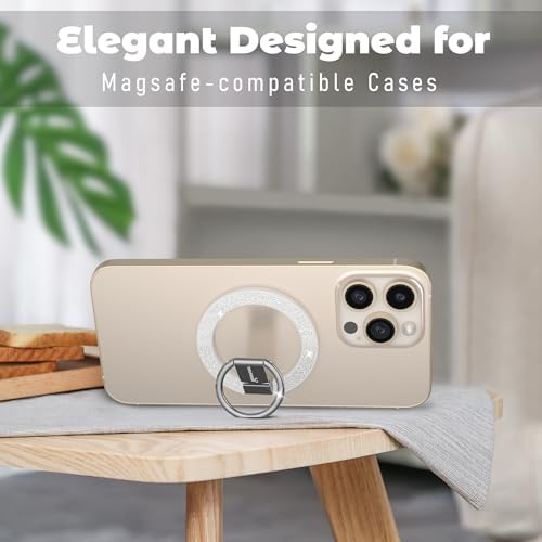 Glamorous Diamond White Magnetic Phone Ring Holder for Mag Safe – Chic Glitter Grip with Versatile Adjustable Kickstand for i Phone 12-16 Pro Max Plus – Ultimate Stability and Effortless Connectivity for Enhanced User Experience