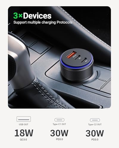 AKNSN 90 W Multi-Port Car Charger – Ultra-Fast USB-C & USB-A Charging for i Phone 16/15/14/13 Pro Max, i Pad, Mac Book, Samsung, Google Pixel – Smart Charge Technology with PD3.0 & QC3.0 Compatibility for Optimal Device Performance and Safety