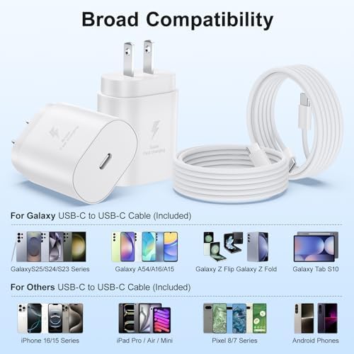 Excgood 25 W Ultra-Fast USB C Charger with 6 ft Durable Braided Type C Cable – Optimal Charging Solution for Galaxy S25/S24/S23/S22 – Dual Pack for Home & On-the-Go – Enhanced Power Delivery with Safety Features