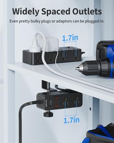 Maximize Your Workspace Efficiency: Dual Layer Desk Clamp Power Strip & Surge Protector with 17 AC Outlets and 7 USB Ports (3 USB-C) – 10 ft Extension Cord for Flexible Setup, 1700 J Protection – Ultimate Space-Saving Charging Station for Home and Office
