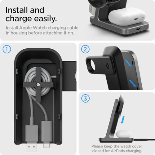 Maximize Charging Efficiency with Spigen One Tap Pro (Mag Fit) 3-in-1 Qi2 Certified Wireless Charging Stand – Rapid 15 W Power for i Phone 16/15/14/13/12, Apple Watch Ultra 2/1, and All Air Pods Models – Sleek Design with Enhanced Safety Features and Magnetic Alignment for Effortless Use