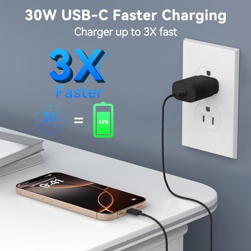 30 W USB-C Fast Charging Block with 10 FT Type C Cable – Ultimate Charging Solution for i Phone 16/15 Series and Beyond – Compact, High-Efficiency Power Adapter for Home and Travel Use – Safe and Reliable Device Charging