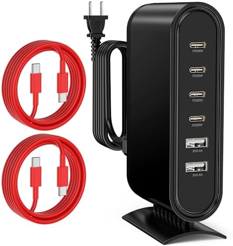 High-Power 96 W Multi-Device Charging Station – 6-Port USB-C Fast Charging Hub with 6 ft Cables for i Phone 16, 15 Pro Max, Samsung, Android & i Pad – Sleek Black Organizer for Home & Office Use – Rapid Charging Solution to Eliminate Cable Clutter