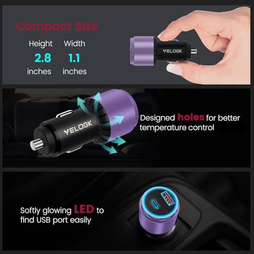 VELOGK 73 W Turbo USB-C Car Charger – Ultra-Fast Adaptive 55 W & 45 W PPS/PD & QC3.0 Adapter for Samsung Galaxy S25/S24/S23/S22+/S21/S20 & i Pad Pro – Compact Green Design with Advanced Safety Features for Rapid On-the-Go Charging