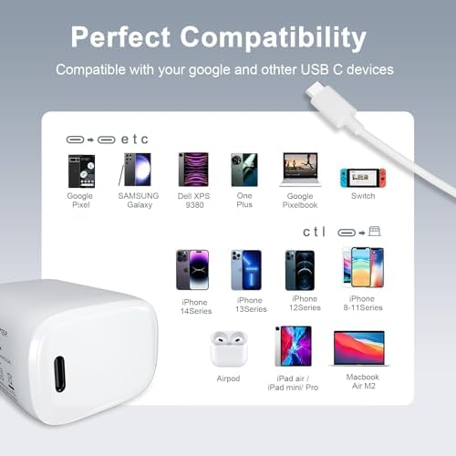 Universal 30 W USB-C Fast Charging Adapter with 6 ft Type C Cable – Optimized for Google Pixel 8/7/6/5 Series, i Phone 15/Pro/Pro Max, and Galaxy S25/S24/S23 – Compact Wall Charger for Effortless Power Delivery and Enhanced Device Compatibility