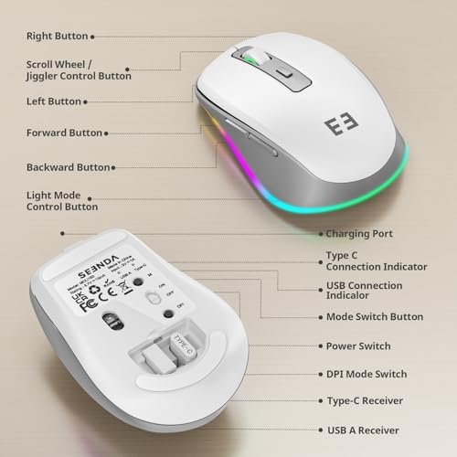 Illuminate Your Workspace with the seenda Light-Up Wireless Mouse Featuring Built-In Jiggler – USB-C & USB Receiver for Mac Book, i Pad, and Windows Devices – Ergonomic Design for Enhanced Comfort and Productivity