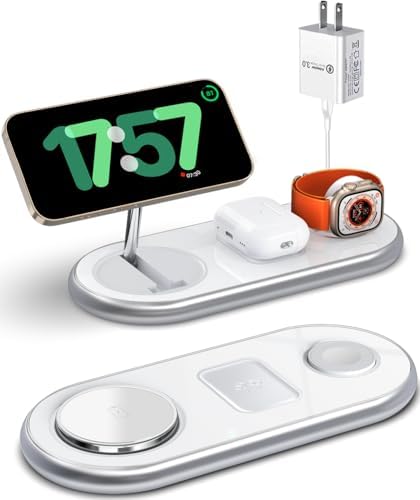 2025 Enhanced 3-in-1 Charging Station for Apple Devices | Fast Magnetic Mag-Safe Wireless Charger for i Phone 16/15/14/13/12, Apple Watch 1-10/Ultra, & Air Pods Pro | Sleek Silver Design | Compact & Portable Charging Solution for Home and Travel | Superior Compatibility and Rapid Charging Efficiency