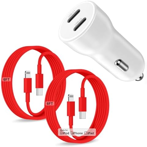 Dual-Port 45 W USB C Car Charger Adapter for Apple Devices – MFi Certified Fast Charger with 3 ft Lightning Cable (Pack of 2) – Rapid Charging for i Phone 14/13/12/11 Pro Max, i Pad, and Air Pods – Durable & Portable Power Solution for On-the-Go Lifestyle