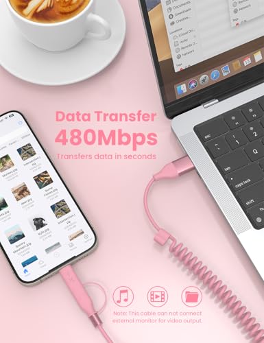 Dual-Function Coiled USB-C & Lightning Charging Cable 3 FT – 60 W Fast Charge for i Phone 15/16 & Samsung Galaxy – Perfect for Apple Car Play & Android Auto Integration (Sleek Black) – Enhanced Durability & Space-Saving Design