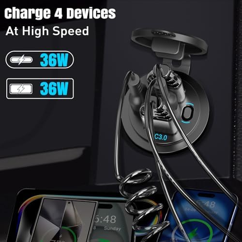 90 W Dual PD & Quick Charge 3.0 Qidoe USB C 12 V Car Charger Socket – 2 Pack for RVs, Boats, Trucks & Motorcycles – Waterproof 4-Port Design with Power Switch for Fast, Efficient Charging on the Go