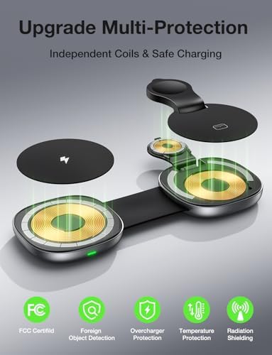 Ultimate 3-in-1 Wireless Charging Station for Apple Devices – Fast Mag Safe Compatible Foldable Charger for i Phone, Apple Watch & Air Pods, Perfect for Travel and Home Use, Sleek Design with Anti-Slip Base and LED Indicator, Simultaneous Multi-Device Charging Solution