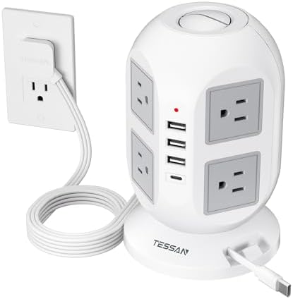 TESSAN Tower Surge Protector Power Strip – 10 ft Flat Extension Cord with 8 AC Outlets & 4 USB Ports (1 USB-C) – Compact Charging Station with Advanced Surge Protection for Home Office & Dorm Use – Optimal Device Safety & Versatile Compatibility