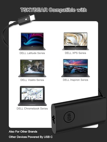 TSKYBEAR Universal 65 W USB-C Laptop Charger for Dell – Compact & Efficient Replacement Power Adapter for Latitude, XPS, Inspiron & Chromebook Models – Fast Charging Solution with Enhanced Compatibility – Ideal for Travel and Everyday Use