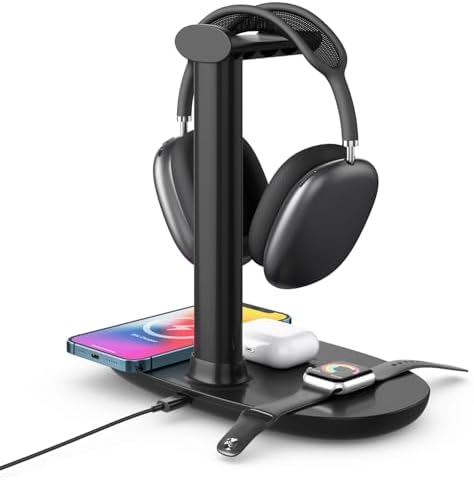 Revolutionary 4-in-1 Wireless Charging Station with Headphone Holder – Fast 15 W Charger for i Phone 16/15/14/13/12, Apple Watch, Air Pods Max/Pro/Pro 2, and LG/Samsung Devices – Organized Convenience for Home and Office.