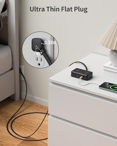 Ultra Slim 6 Ft Flat Plug Extension Cord – Travel-Friendly Power Strip with 4 Wide-Spaced AC Outlets & 4 USB Ports (2 USB-C) for Fast Charging – Ideal for Cruise Ships, Home & Office Use, No Surge Protection Required