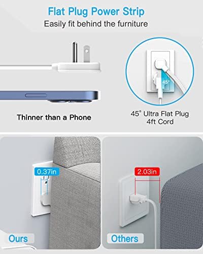Maximize Power Efficiency with 6 ft Flat Electrical Outlet Extender – 4 Outlets & 3 USB-C Ports, Space-Saving Surge Protector for Home & Office, Rapid Device Charging Power Hub, Sleek White Design