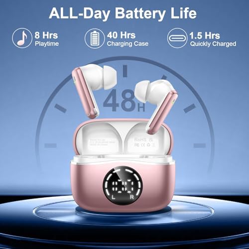 Elegant Rose Gold Wireless Earbuds – Advanced Bluetooth 5.4 with Superior Hi-Fi Sound, Enhanced ENC Noise Cancellation, IP7 Waterproof Design, 48-Hour Battery Life & LED Charging Case – Perfectly Compatible with Android & i OS Devices for All-Day Listening and Calls