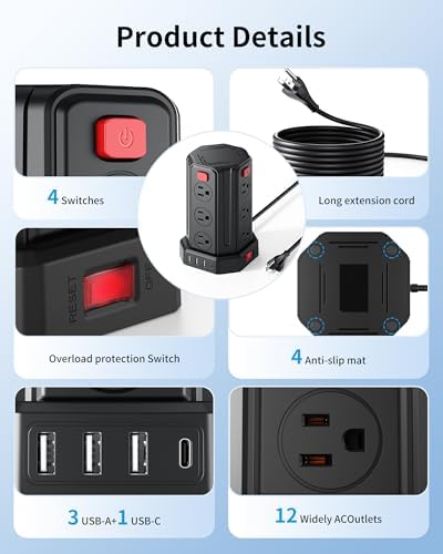 SMALLRT Power Tower Surge Protector – 10 Ft Extension Cord with 12 AC Outlets & 4 USB Ports (1 USB-C) – Ultimate Charging Station for Home & Office – Enhanced Device Compatibility & Safety