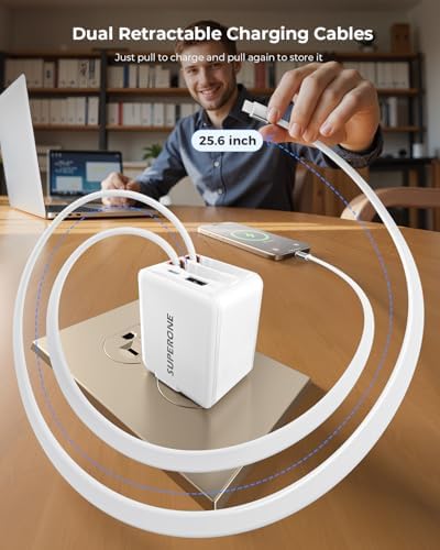 Elevate Your Power Game with the SUPERONE 4-in-1 Retractable Wall Charger – 45 W PD Fast Charging USB-C Hub for i Phone, Samsung, Mac Book & More – Travel-Ready Compact Design with Dual Cables for Maximum Versatility and Universal Device Compatibility – Experience Tangle-Free Charging and Advanced Safety Features to Prevent Overheating and Overcharging