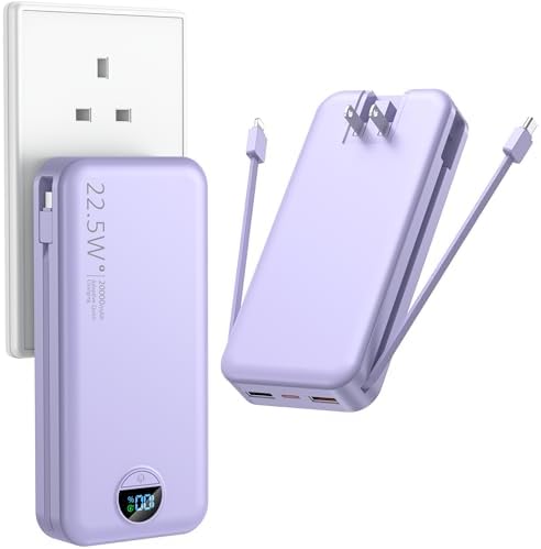 Ultimate 20,000 m Ah Portable Charger with Wall Plug – Fast Charging USB-C Power Bank with Built-in Cables, Digital Display, and Versatile 5 Output Ports for i Phone, Android, and Tablets – Stay Charged Anywhere with Enhanced Compatibility and Speed