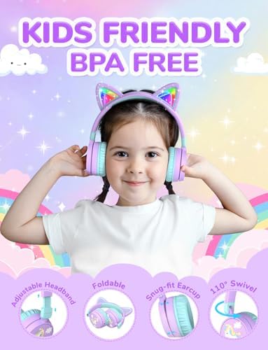 i Clever Kids Bluetooth Headphones with Illuminated Cat Ears – 60-Hour Battery Life, Rapid USB-C Charging, Adjustable Safe Volume Control (74/85 d B) for Toddlers – Ideal for i Pads, Tablets, and Travel in Fun Meow Cookies-Purple – Stylish, Safe, and Resilient for Young Audiophiles