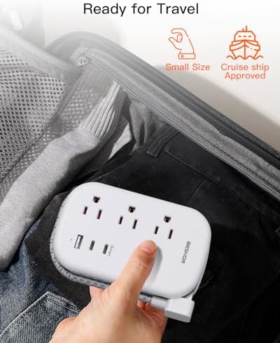 BESHON Ultra Flat USB C Travel Power Strip – Versatile 3 AC Outlets & 3 USB Ports (2 USB-C) with 3.2 ft Tangle-Free Extension Cord for Seamless Charging on Cruise Ships & Travel – Essential Compact Power Solution in Grey for On-the-Go Connectivity and Device Protection