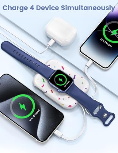 Compact RORRY 5000 m Ah Portable Charger Power Bank with Integrated Cables – Sleek Keychain Battery Pack for i Phone 16/15/14/13/12 and Apple Watch Ultra Series, Ultimate Travel Companion with Fast Charging and Modern Design