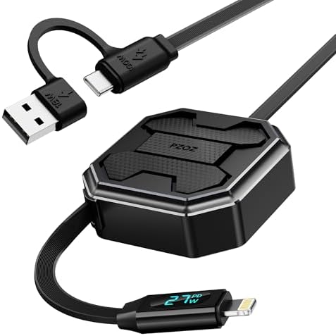 PZOZ 100 W Retractable 2-in-1 Charging Cable with LED Display | Multi-Device USB A & C Compatibility | Fast Charging for i Phone 16/15, i Pad, Mac, Samsung | Tangle-Free Design for Car & Desktop Use | Enhanced Durability and Speed