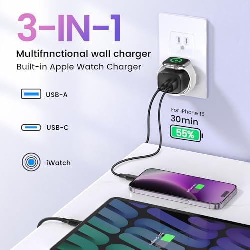 Rapid 20 W PD USB C Wall Charger – 3-in-1 Power Hub for Apple Watch Series Ultra/9/8/7/6 & i Phone 16/16 Pro/15 Series – Sleek, Portable Design for Tech Savvy Professionals – Ultimate Fast Charging Solution with Built-in Safety Features for On-the-Go Convenience
