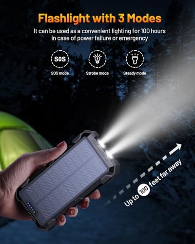 Ultimate GOODaaa Solar Power Bank – 42,800 m Ah High-Capacity Portable Charger with 20 W Fast Charging, Integrated Cables, Wireless Charging for Apple Watch, LED Flashlight, Carabiner & Built-in Thermometer – The Essential Outdoor Power Solution for Adventurers and Travelers