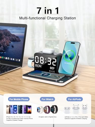 Ultimate 7-in-1 Wireless Charging Station for Apple Devices – Fast 33 W Charger with Bluetooth Time Sync, Night Light & Multi-Device Compatibility for i Phone 16/15/14/13/12 Pro Max, Android Phones, Air Pods & Apple Watch – Stylish & Efficient Power Solution