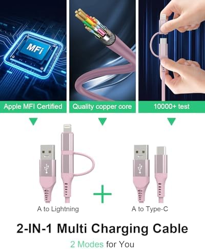Vibrant Pink Retractable 2-in-1 Charging Cable for Carplay & Android Auto – MFi Certified Lightning and USB-C Fast Charger, 3 A Data Sync Coiled Cord for Ultimate Portability and Style