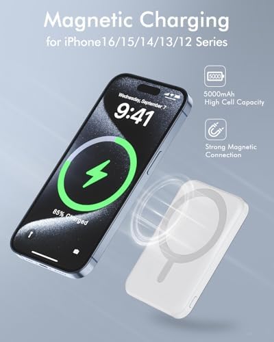 Podoru Mag Safe 5000 m Ah Portable Power Bank – Wireless Magnetic Charger with 20 W PD Fast Charging for i Phone 12 to 16 Series – Sleek, Lightweight Design for Effortless On-the-Go Charging – Includes Type-C Cable for Enhanced Versatility and Compatibility
