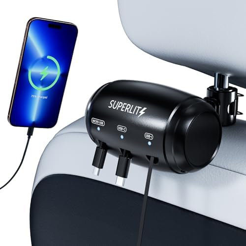 Revolutionize Your Rideshare Journey with the SUPERLIT 3-in-1 Retractable Backseat Charging Hub – Lightning-Fast Charging for i Phone, Samsung & Android – Effortless Headrest Mounting for Uber, Lyft, Turo & Taxi Drivers – Compact, Durable Design for Maximum Passenger Convenience and Comfort