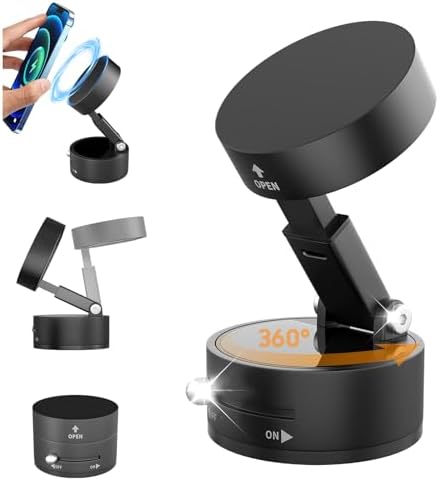 Vacuum Magnetic Phone Holder for Car – [ 360° Rotation & Foldable] Strong Suction Vacuum Magnetic Cell Phone Holder Stand, Height Adjustable Magnetic Phone Mount, For iPhone/All Phones (Any Surface) – Enhanced Compatibility and Speed