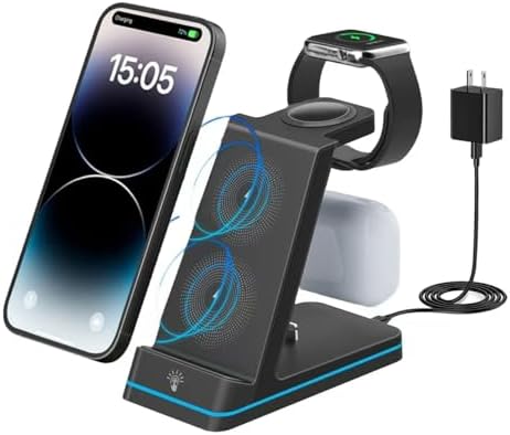All-in-One 3 in 1 Wireless Charging Station for i Phone 11-16, Apple Watch, and Air Pods – Fast QC3.0 Adapter Included, Sleek Design for Tidy Charging Solution, Enhanced Device Compatibility and Safety Features