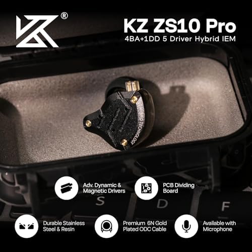 Linsoul KZ ZS10 Pro Hybrid IEM Earbuds – 4 BA + 1 DD High-Fidelity Wired In-Ear Monitors with Stainless Steel Faceplate and Detachable Cable, Ideal for Musicians and Gamers with Built-in Mic, Unmatched Sound Clarity and Versatile Compatibility