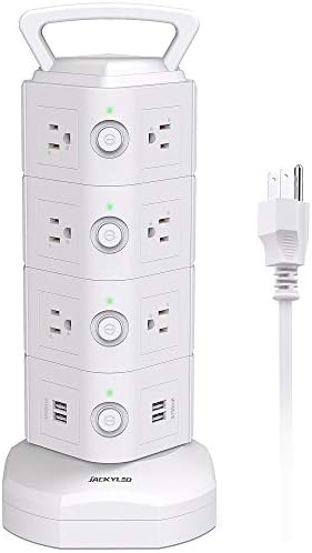 JACKYLED Power Strip Tower Surge Protector with 12 Outlets and 6 USB Ports (2 USB-C) – High-Speed Charging Station with 1050 Joules Protection, 1625 Watts, 6.5 ft Extension Cord for Enhanced Home Office Efficiency and Device Safety