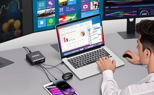 High-Power 220 W USB C Charging Station with Ga N III Technology – Multi-Port Hub Featuring 4 USB-A & 2 USB-C Ports, QC4.0 Fast Charge for Mac Book Pro & Devices – Sleek, Compact Design for Home or Office Use