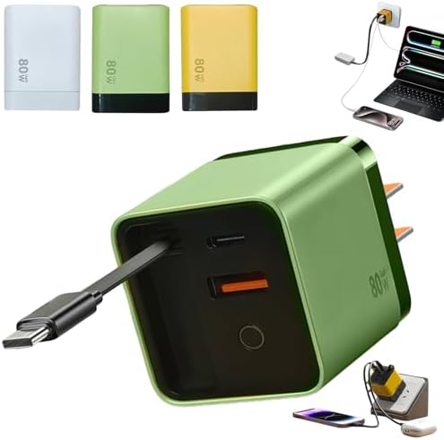 Ultra-Fast 80 W Ga N 3-in-1 Charger with Retractable Plug – Versatile Charging Hub with Type-C Cable & Dual USB Ports for Seamless Device Connectivity – Compact Travel Essential for Phones and Tablets