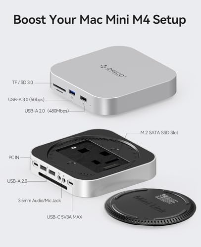 Unleash the Full Potential of Your Mac Mini with the ORICO Mini Link M4 Hub: High-Speed 5 Gbps USB 3.0 Connectivity, Versatile SATA SSD Enclosure, Dual Card Readers for Effortless File Management, and Dedicated Audio Jacks for Enhanced Multimedia Experience