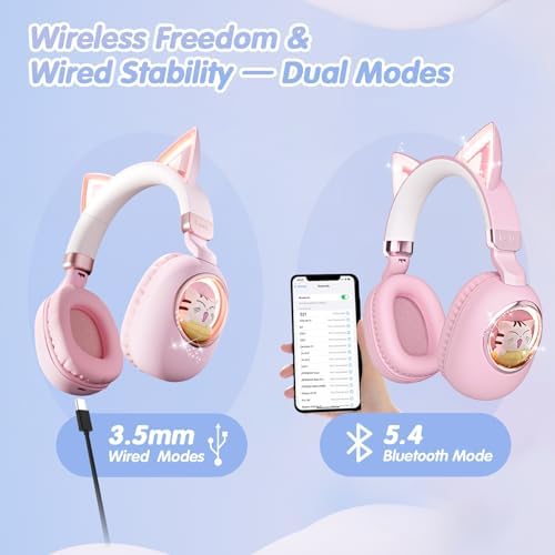 Bluetooth Cat Ear Kids Headphones – Wireless & Wired Over-Ear Noise Cancelling with Microphone, LED Lights, 85 d B Volume Limit for Safe Listening – Ideal for Travel & Home Use, Ultimate Comfort & Compatibility