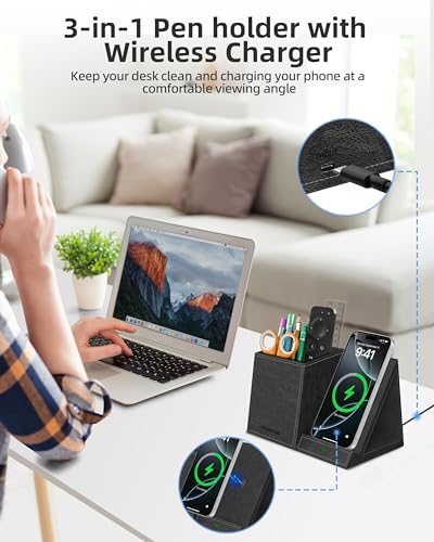 Multi-Functional Desk Organizer with Wireless Charging, Digital Thermometer & Humidity Monitor – Stylish Brown Pen Holder for Home Office Efficiency and Clutter-Free Workspace