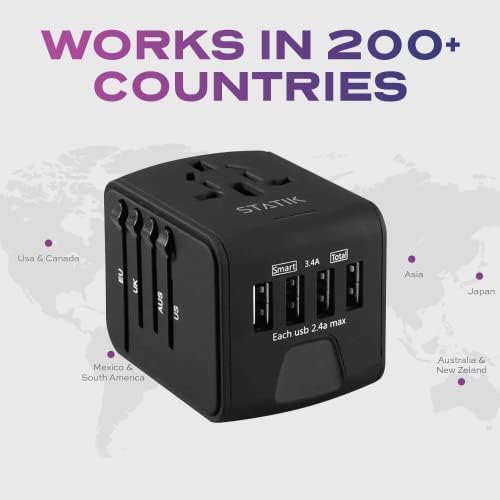 STATIK Globo Charge 12 W Universal Travel Adapter – All-in-One Power Solution for Global Travelers with 4 Rapid USB-A Charging Ports – Compact, Lightweight Design for Seamless Connectivity in 200+ Countries Including Europe, UK, USA, and Australia – Ideal for Families and Business Trips