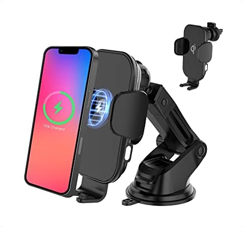 Gigastone Qi Wireless Car Charger – 15 W Fast Charge with Auto-Clamping Phone Holder for Seamless Driving – Compatible with i Phone 15/14/13/12/11/X, Galaxy S22/S20, Note 20/10, i Pad, Pixel, and Xperia – Effortless Installation for Air Vent and Dashboard Use, Tangle-Free Convenience and Enhanced Device Security